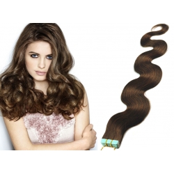 Vlnité vlasy pro metodu Pu Extension / Tape Hair / Tape IN 50cm - středně hnědé