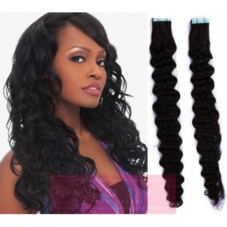 Kudrnaté vlasy pro metodu Pu Extension / Tape Hair / Tape IN 50cm - černé