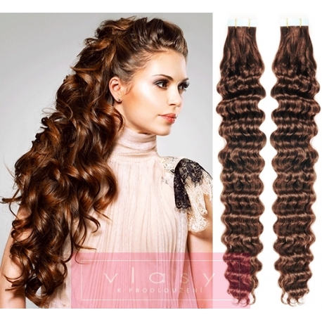 Kudrnaté vlasy pro metodu Pu Extension / Tape Hair / Tape IN 50cm - středně hnědé