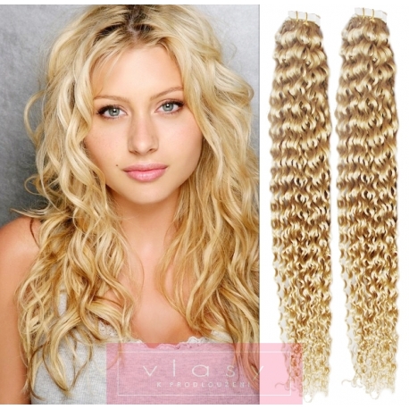 Kudrnaté vlasy pro metodu Pu Extension / Tape Hair / Tape IN 60cm - nejsvětlejší blond